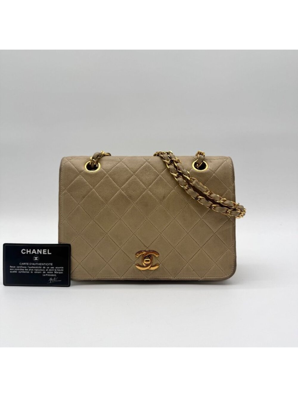 Chanel Shoulder Bag Quilted Lambskin CC Logo Leather Turnlock Gold Beige Single